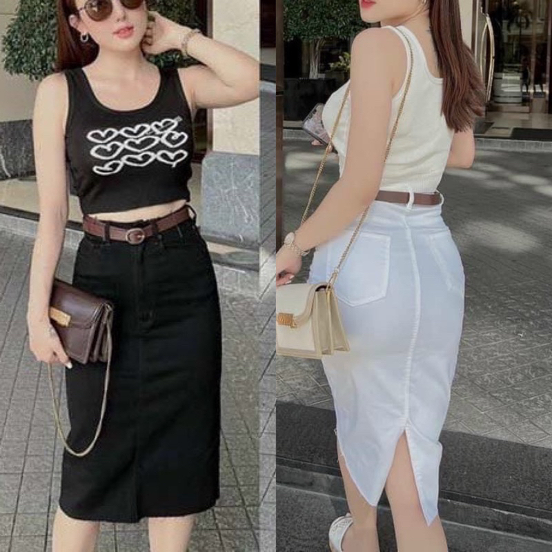 Chân váy jean co giãn dáng dài xẻ tà ,Chân váy bút chì