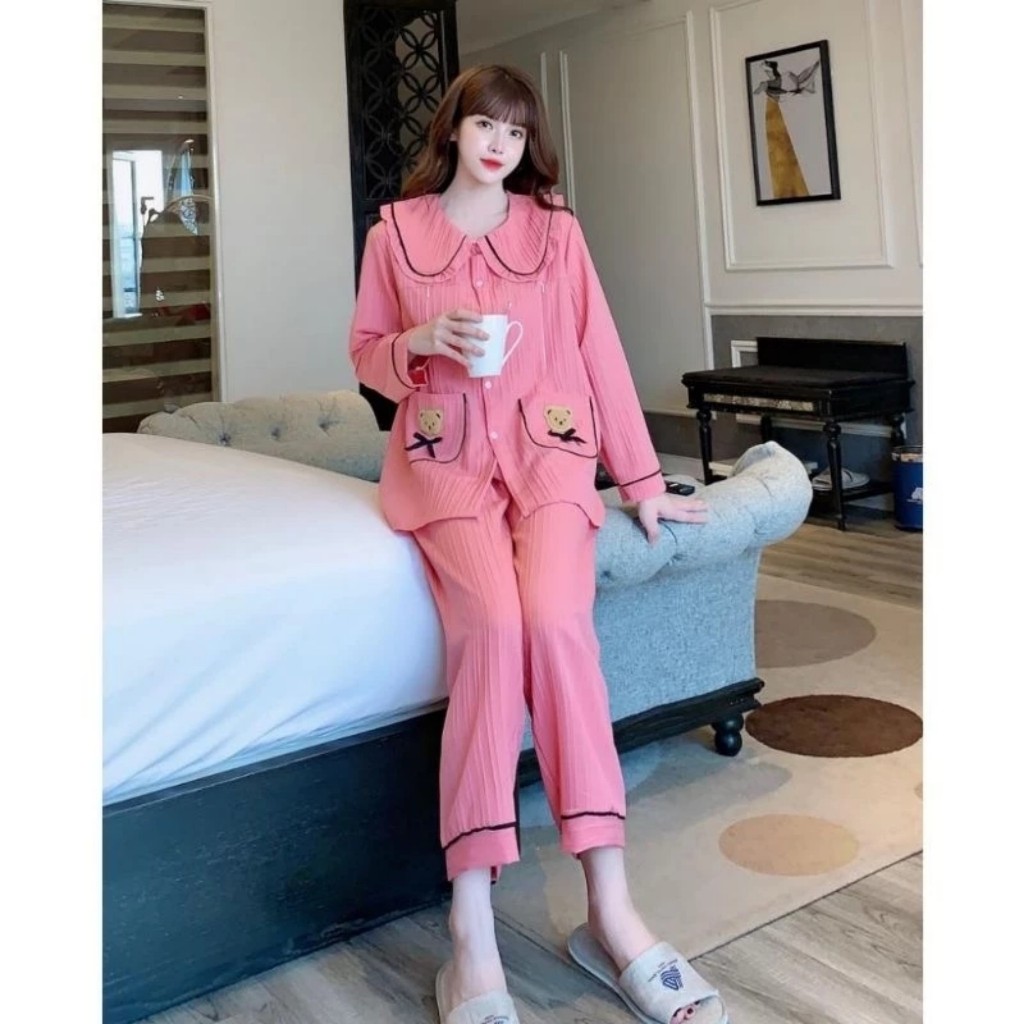 Bộ pijama cho nữ, đồ ngủ mặc nhà chất đũi gân cao cấp túi gấu tay dài quần dài size 40-75kg-naheeofficial