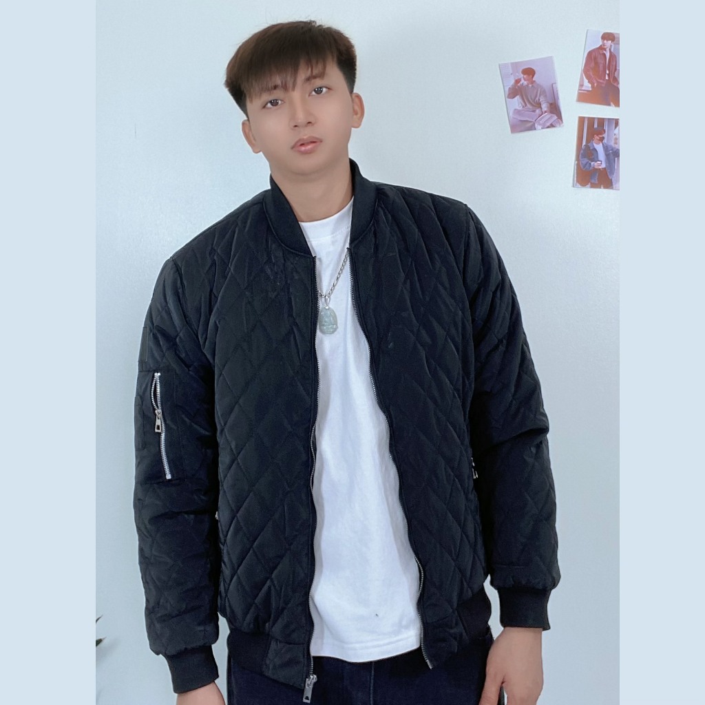 Áo khoác bomber Chần bông dáng suông unisex, Áo khoác vân quả trám phối khóa tay