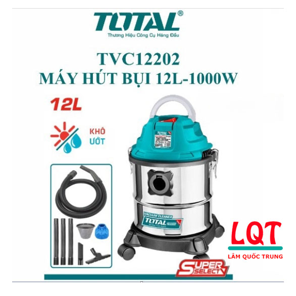 Máy hút bụi Total TVC12202 – 12L, 1000W, hút khô & ướt, lực hút mạnh - Bảo hành 6 Tháng - Chính Hãng