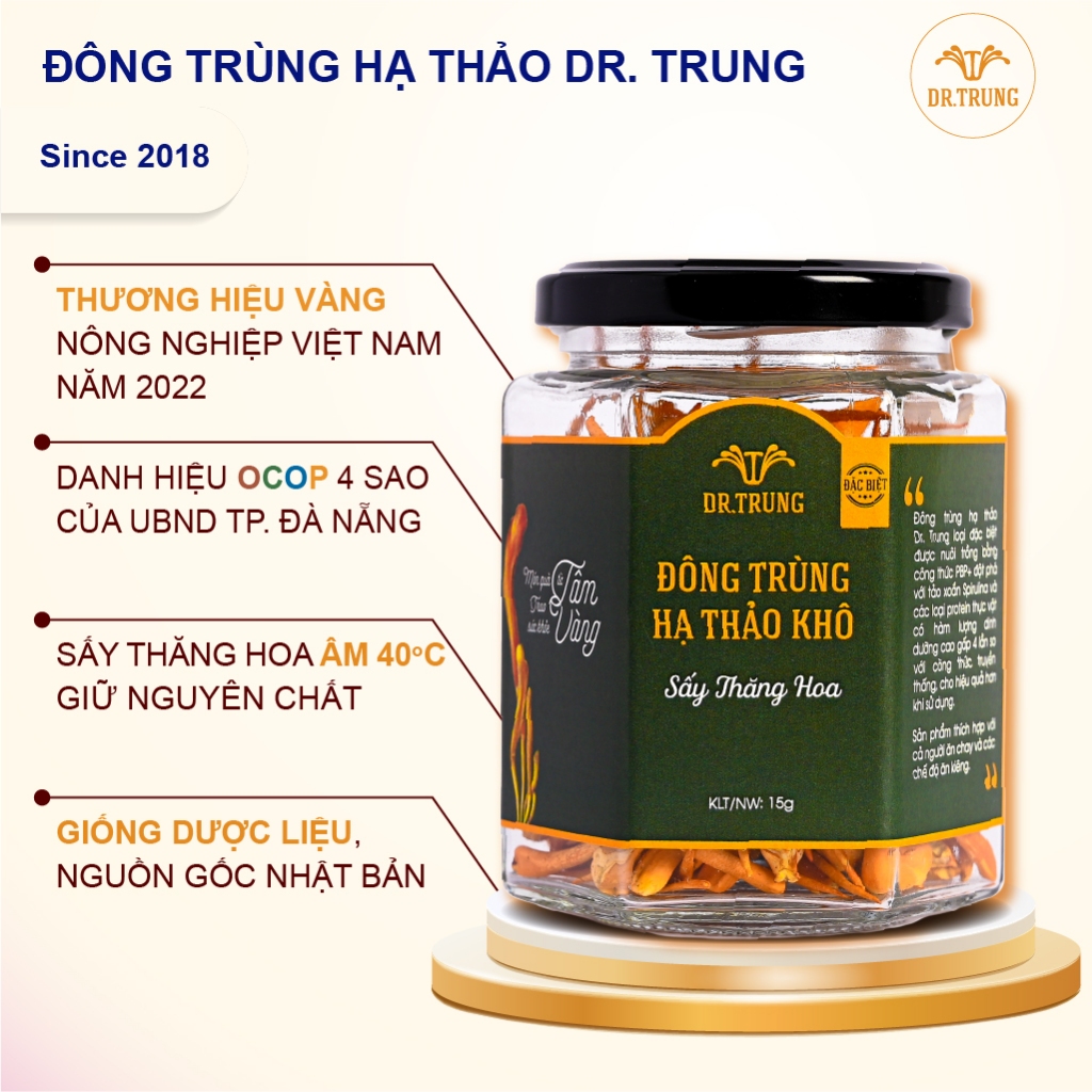Đông trùng hạ thảo Dr. Trung - Loại đặc biệt sấy thăng hoa (2g,12g,15g,30g) - Dùng được cho người ăn chay, tăng đề kháng