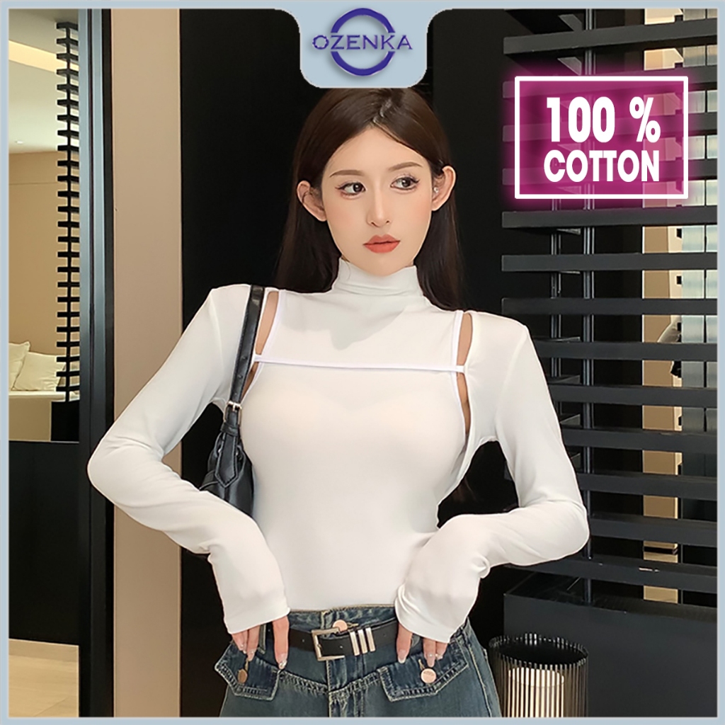 Set áo croptop nữ cổ lọ ba lỗ kèm áo dài tay sang chảnh gợi cảm chất cotton đen trắng ozenka