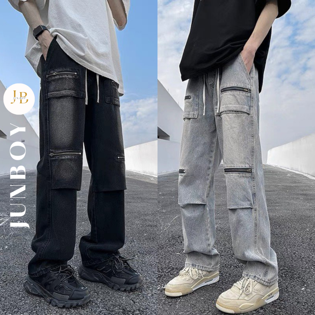 Quần jean nam Junboy ống rộng phối khoá zip cạp chun 609