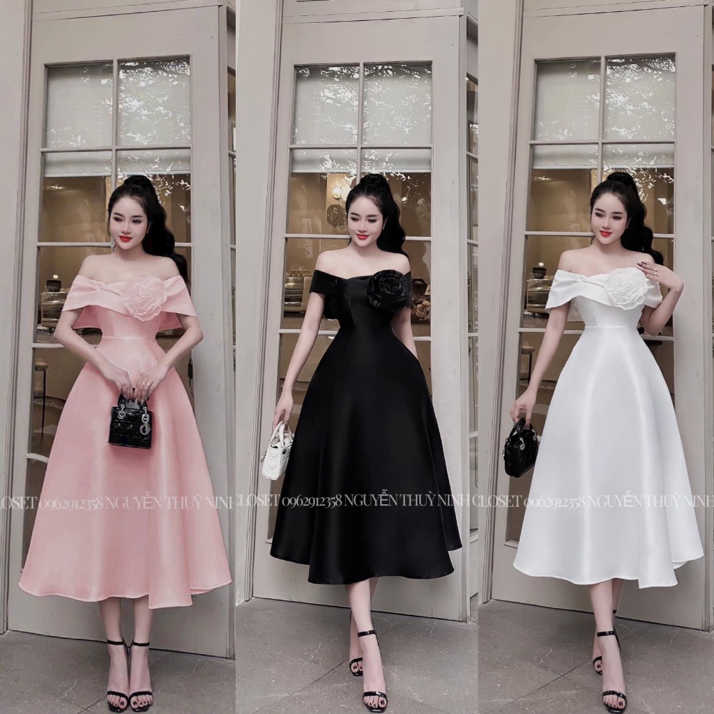 Đầm váy nữ trễ vai kết hoa xòe chữ A dáng dài xinh xắn với 4 tone màu siêu hot cho các nàng diện đi dự tiệc