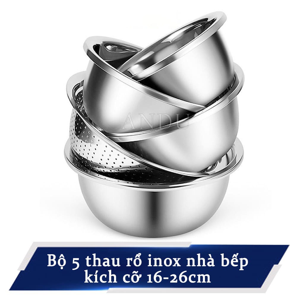 Bộ Thau Rổ Inox Nhà Bếp 5 Món Bằng Inox Đủ Size Từ 18 - 26Cm Tiện Dụng, Dày Dặn, Bộ Rổ Nhà Bếp Inox Cao Cấp