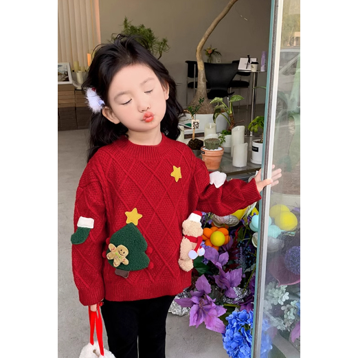 Áo len đỏ đính gấu cho bé hàng QC cao cấp _ Áo len Giáng sinh