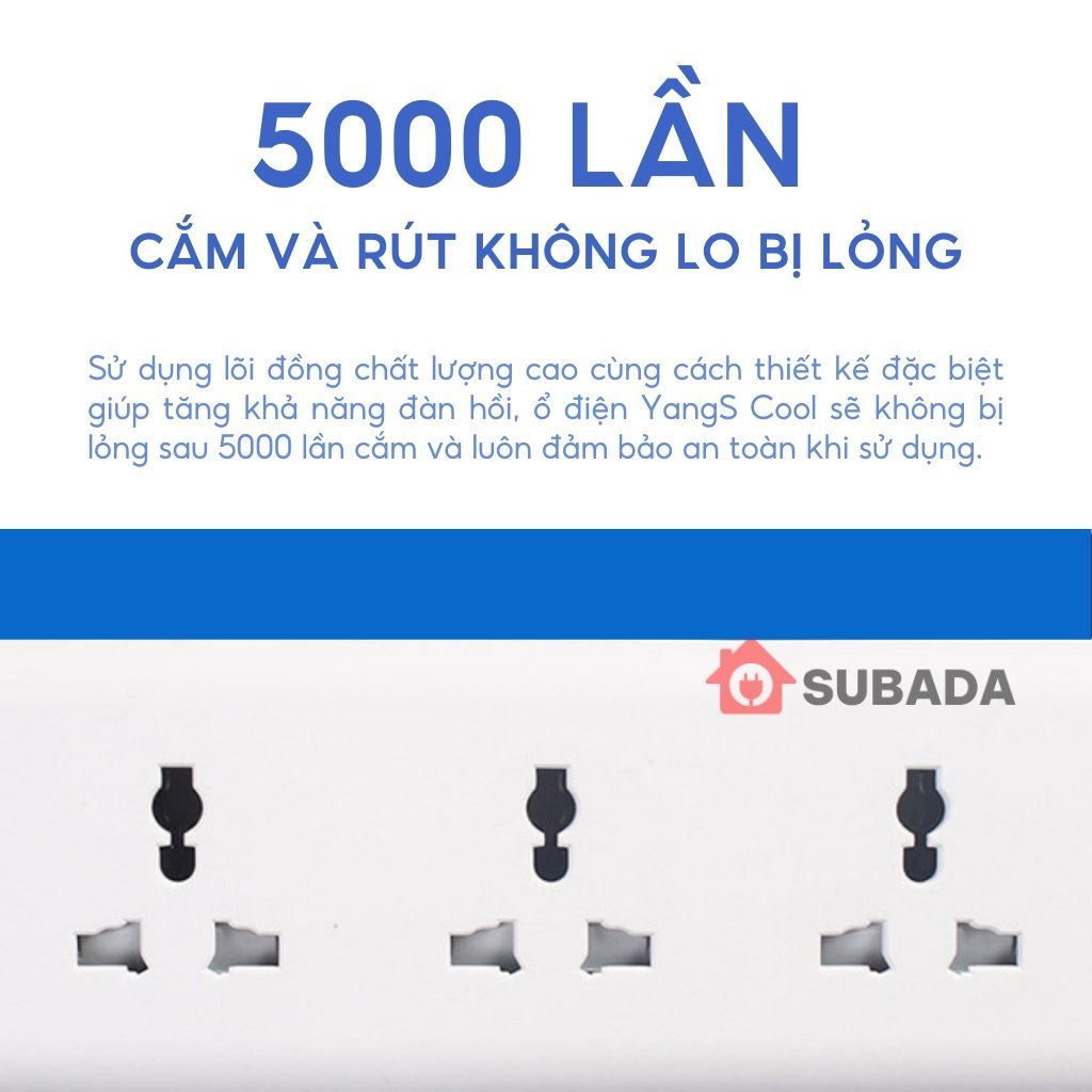 Ổ cắm điện chống giật chống cháy Subada lõi đồng chịu tải 2500w dây 3m chân cắm 2 chấu tròn cao cấp OD30