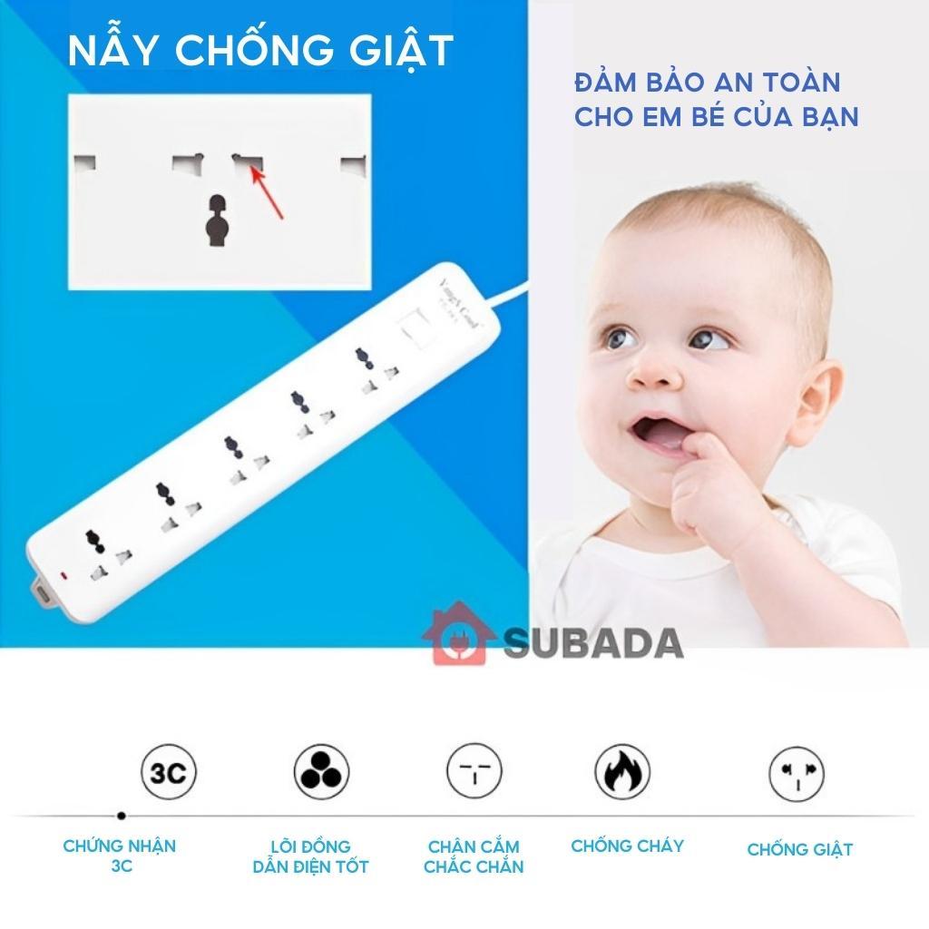 Ổ cắm điện chống giật chống cháy Subada lõi đồng chịu tải 2500w dây 3m chân cắm 2 chấu tròn cao cấp OD30