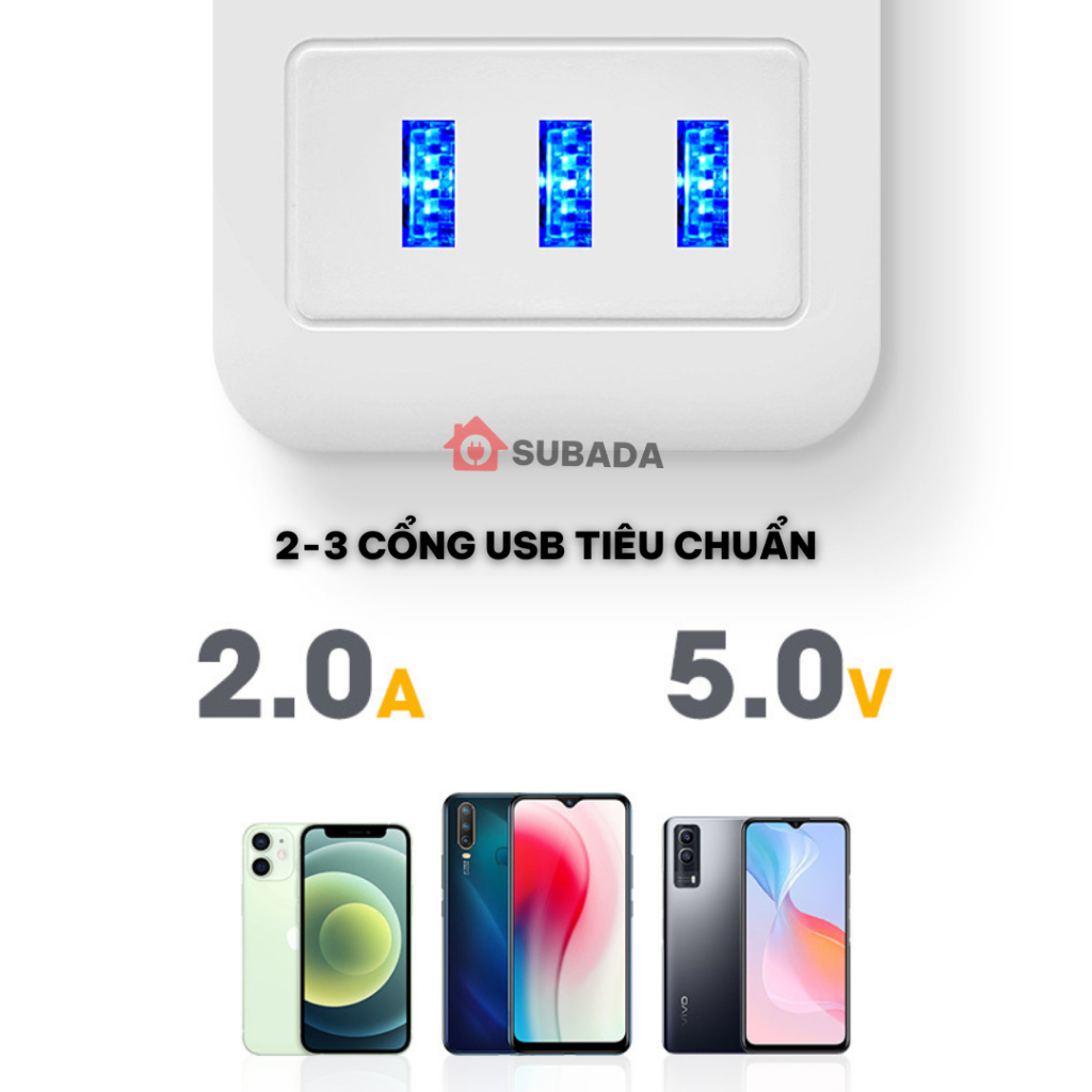 Ổ cắm điện thông minh đa năng 2500W SuBaDa có cổng Usb, công tắc nguồn riêng, chống giật an toàn chân cắm dẹt OD02D