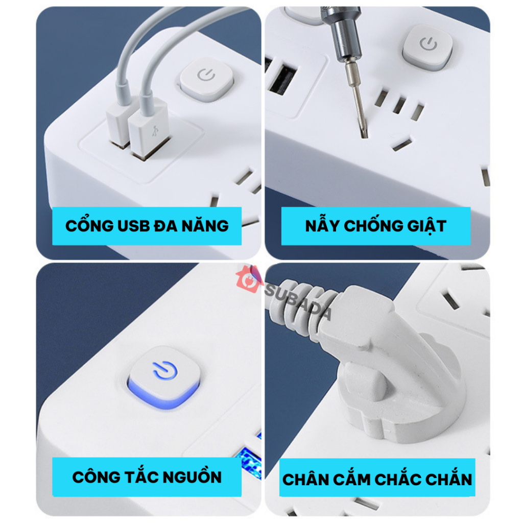 Ổ cắm điện thông minh đa năng 2500W SuBaDa có cổng Usb, công tắc nguồn riêng, chống giật an toàn chân cắm dẹt OD02D