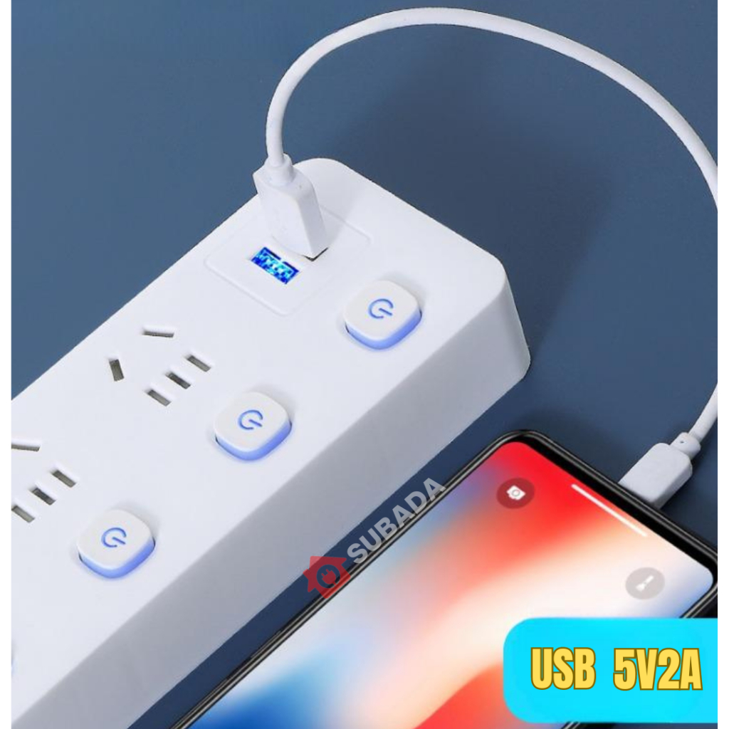 Ổ cắm điện thông minh đa năng 2500W SuBaDa có cổng Usb, công tắc nguồn riêng, chống giật an toàn chân cắm dẹt OD02D