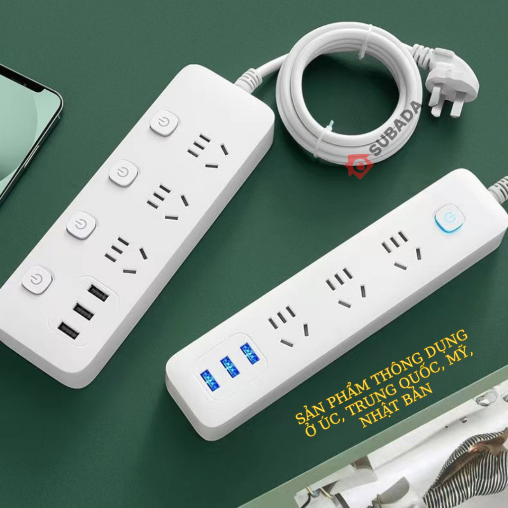 Ổ cắm điện thông minh đa năng 2500W SuBaDa có cổng Usb, công tắc nguồn riêng, chống giật an toàn chân cắm dẹt OD02D