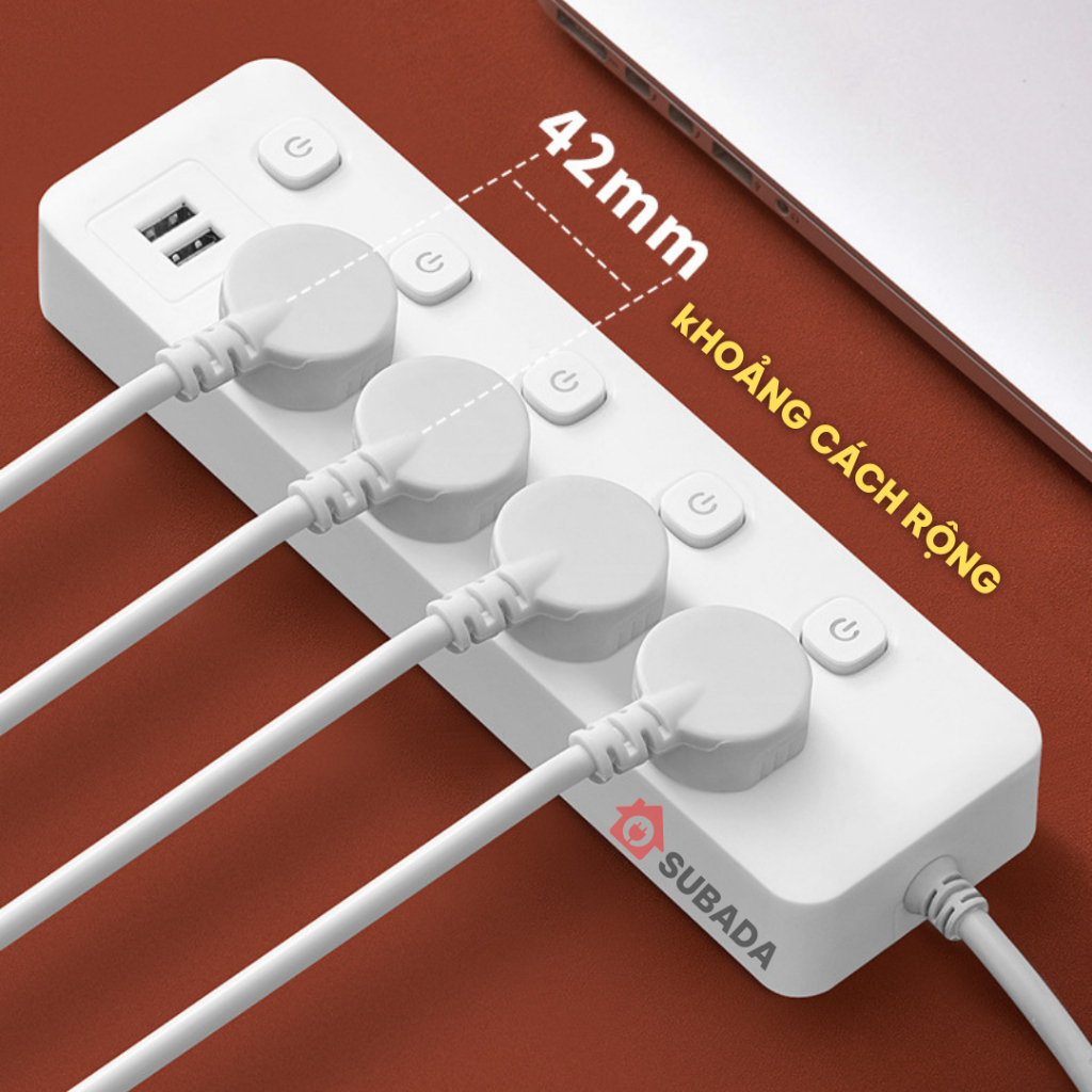 Ổ cắm điện thông minh đa năng 2500W SuBaDa có cổng Usb, công tắc nguồn riêng, chống giật an toàn chân cắm dẹt OD02D