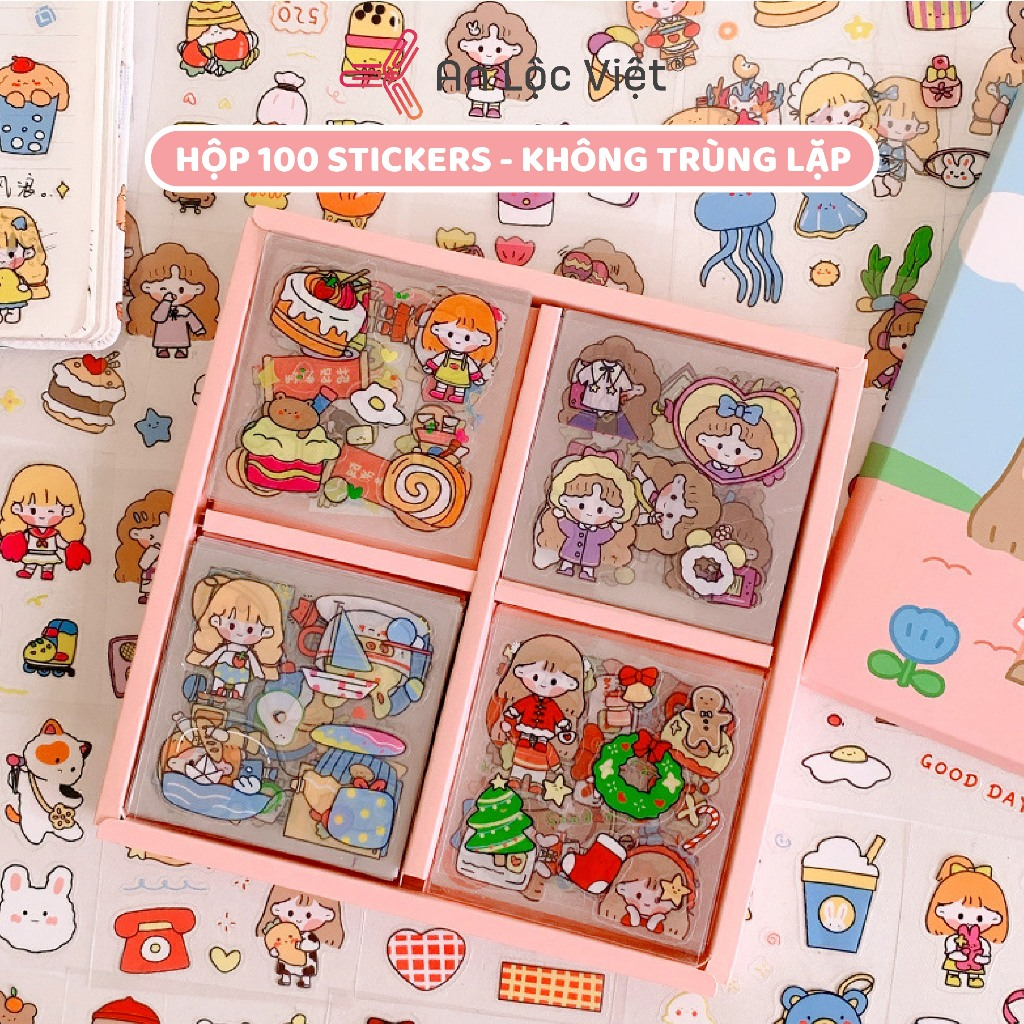 Hộp 100 Stickers không trùng lặp hình - Hình ảnh siêu cute và siêu hot