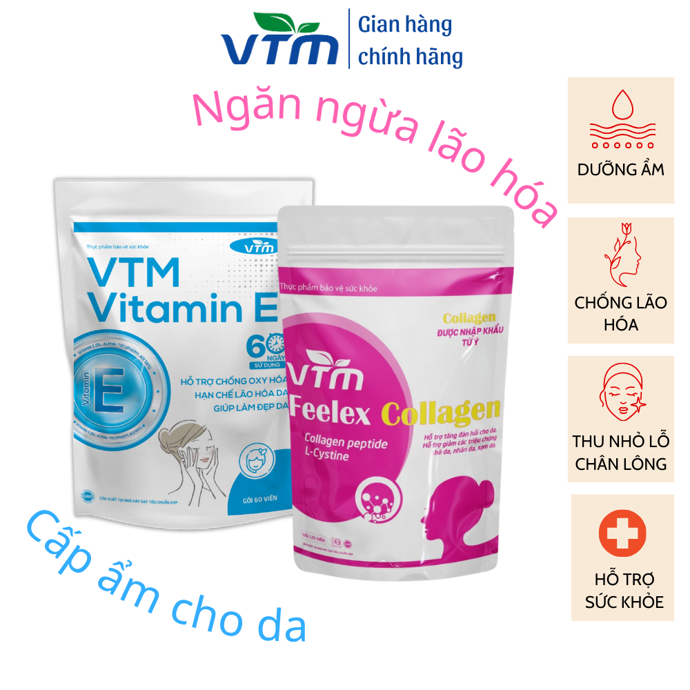 Combo Trẻ Hóa Làn Da, Đẩy Lùi Lão Hóa Viên Uống VTM Vitamin E Và Viên Uống VTM Feelex Collagen