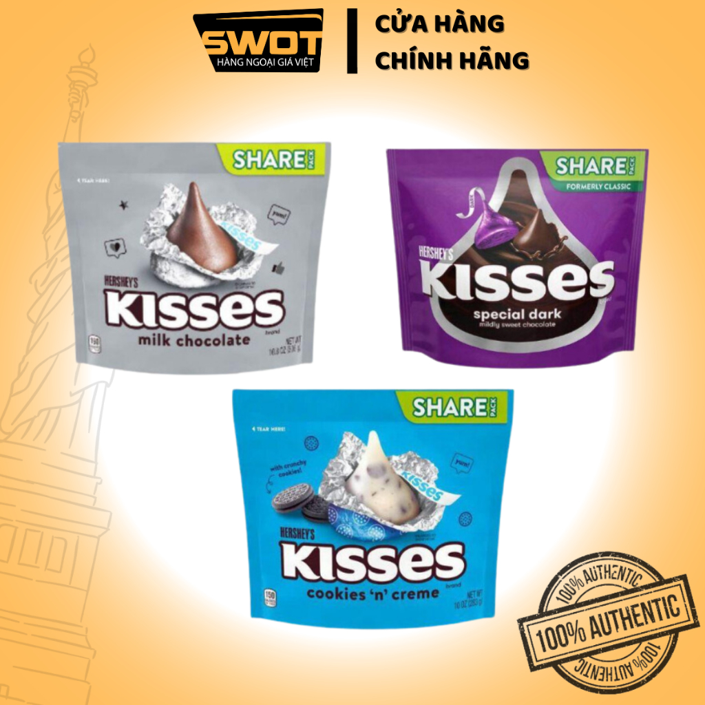 Socola Hershey's Kisses Mỹ nhiều vị 306g dạng Stand-up bags, Chocolate Mỹ cao cấp thơm ngon đặc biệt không quá ngọt-SWOT