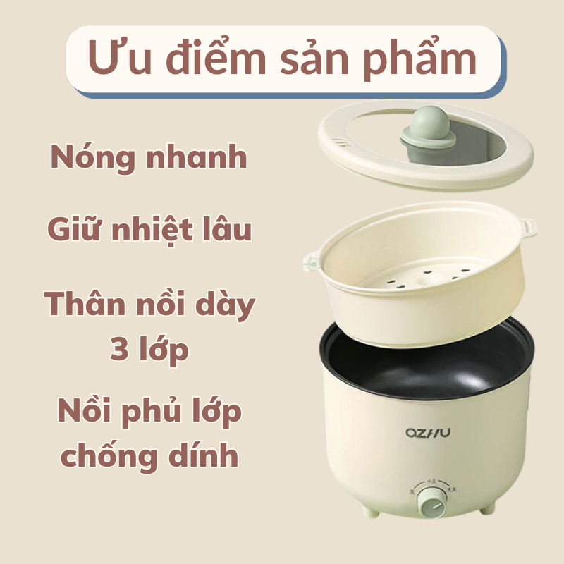 Nồi Lẩu Điện Mini Đa Năng GODWELL 2 Ngăn Tặng Kèm Giá Hấp Dung Tích 1,8L 2 Nấc Nhiệt Chống Dính Cao Cấp