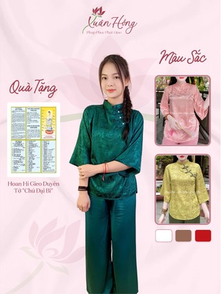 Bộ pháp phục đi chùa, đồ lam đi chùa vải lụa gấm hải đường mềm nhẹ cổ tàu cúc chéo- pháp phục xuân hồng