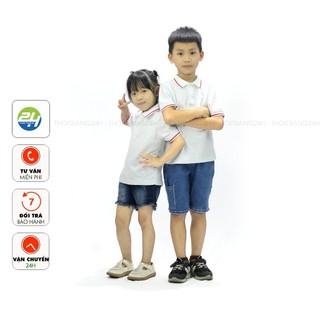  Áo Thun Có Cổ Polo Trẻ Em THOITRANG24H Màu Trắng Viền Sọc Đỏ Vải Cá Sấu Mè Mềm Mịn Nhẹ Mát Cho Bé 