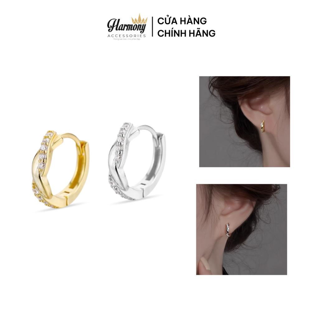 Khuyên tai tròn nữ bạc xoắn đá 2 màu cá tính, xinh xắn, phong cách Hàn Quốc | HARMONY ACCESSORIES K89