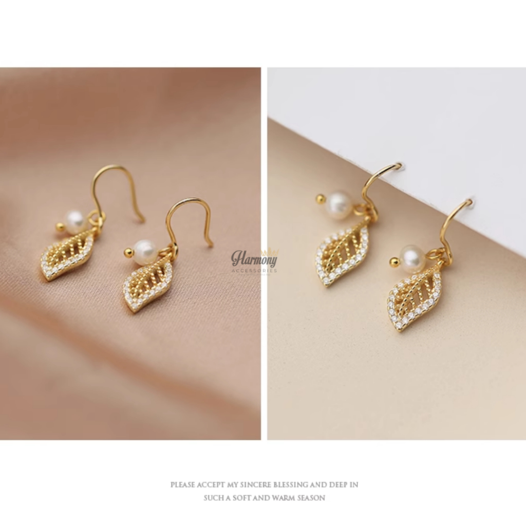 Khuyên tai nữ bạc dài mạ vàng mặt lá đính hạt trai nhân tạo cực xinh, sang chảnh | HARMONY ACCESSORIES K46