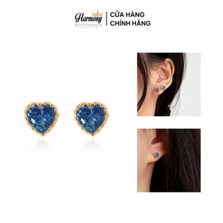 Khuyên tai nữ bạc 925  mặt trái tim đính đá xanh 2 màu Blue Heart sang chảnh | HARMONY ACCESSORIES K178