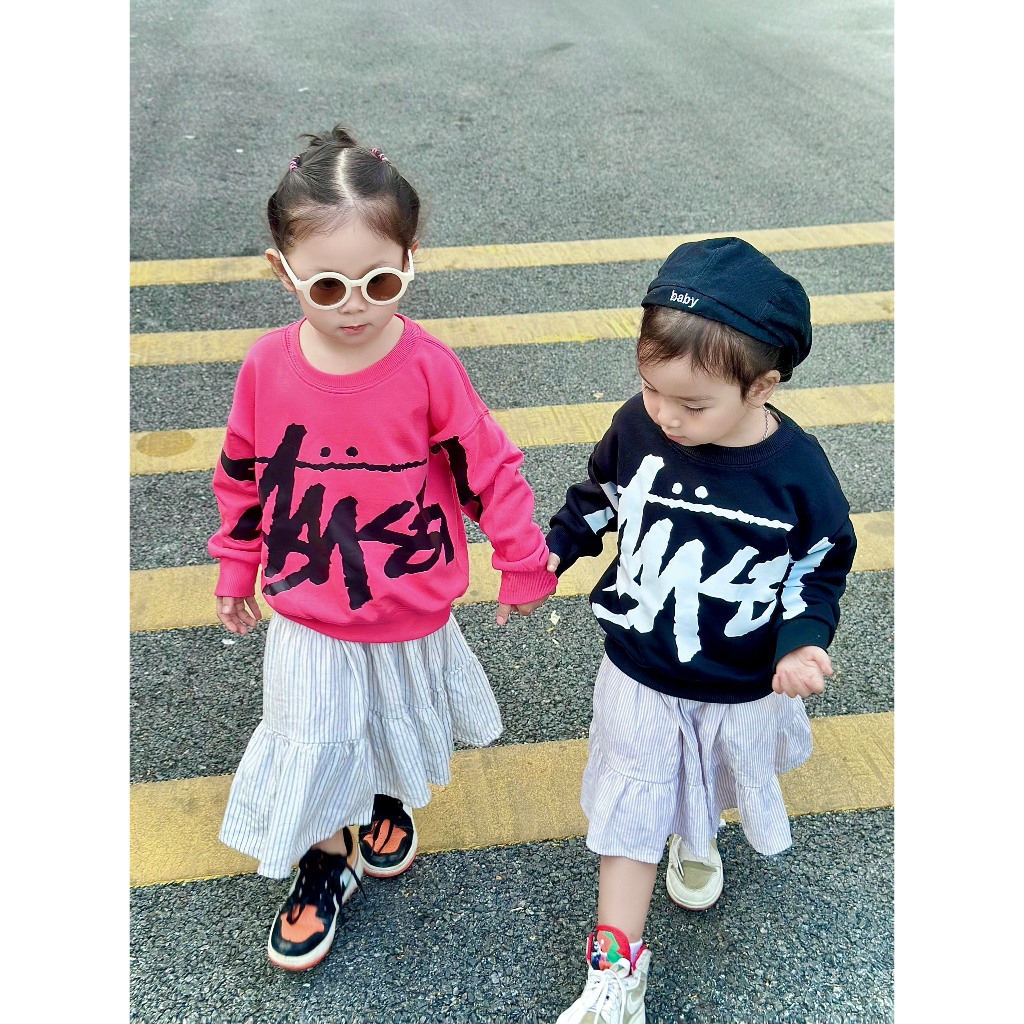 Áo nỉ thu đông STUSSY cho bé, Áo sweater in chữ cao cấp vải nỉ dày dặn unisex cho bé trai, bé gái TABA Kids TB1001