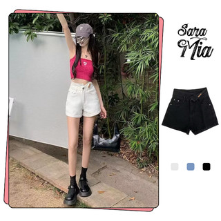Quần short jean nữ lưng cao sooc bò denim ngắn bẻ cạp cá tính màu xanh trắng đen S6