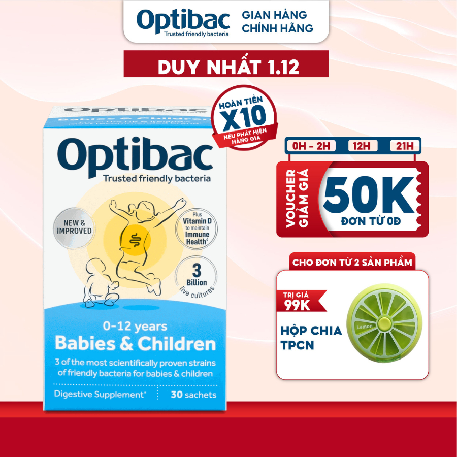 Viên uống men vi sinh Optibac Babies & Children hỗ trợ tiêu hóa, tăng cường miễn dịch hộp 30 gói