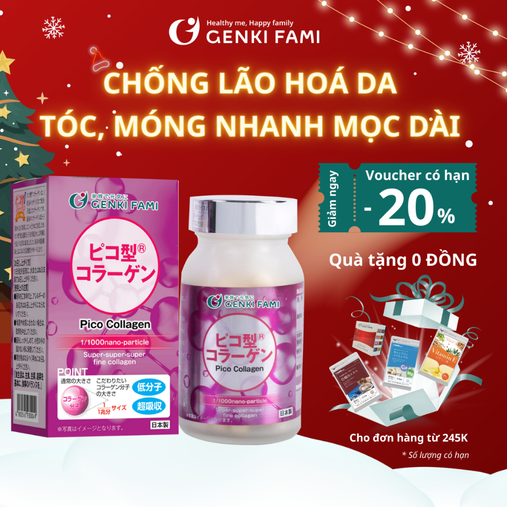 Collagen Viên Nhật Bản Hỗ Trợ Ngăn Ngừa Lão Hóa Da, Giúp Tóc Móng Chắc Khỏe Genki Fami