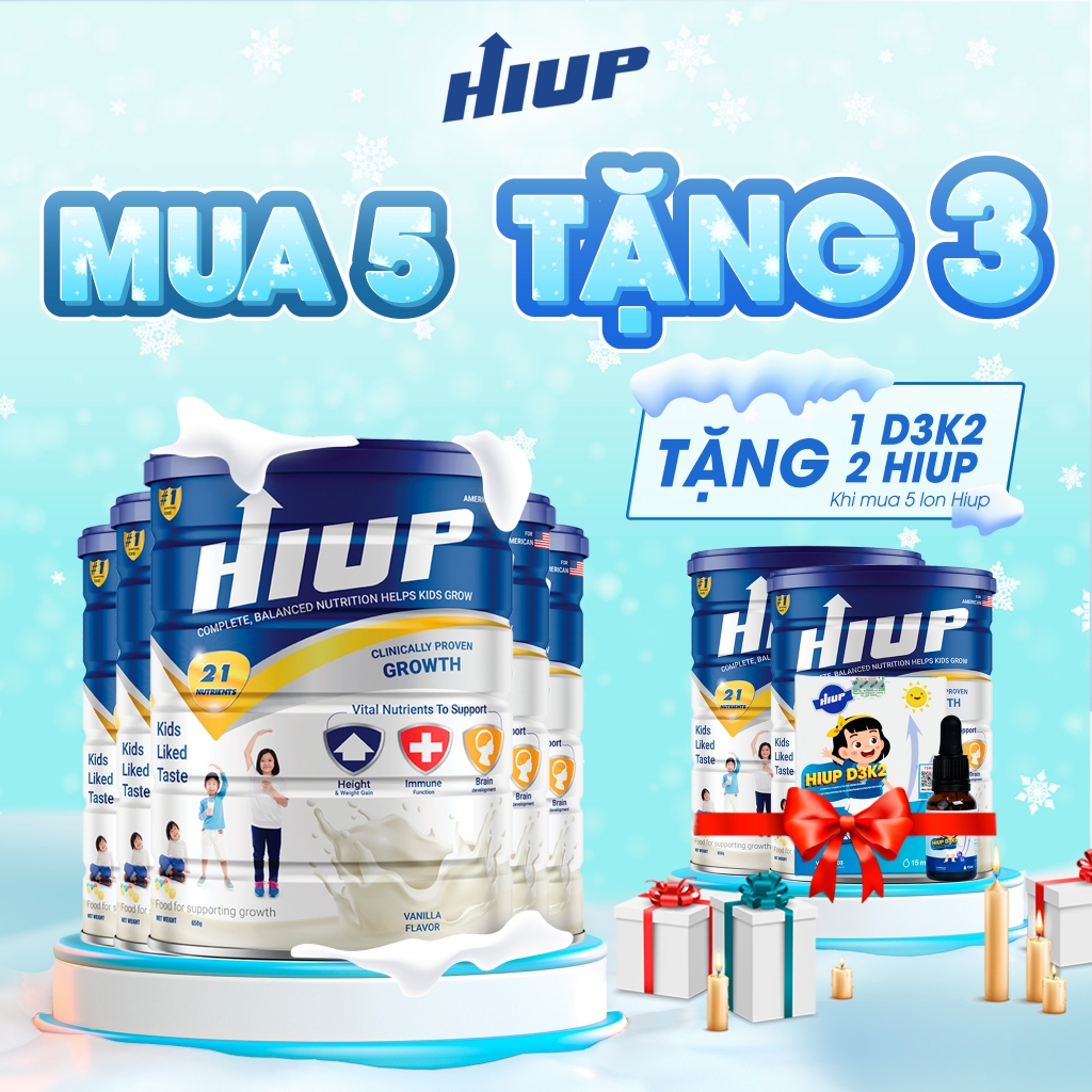 Combo mua 5 hộp Hiup ( 650gr ) tặng 2 hộp Hiup và 1 lọ D3K2 tăng chiều cao và tăng cân cho trẻ từ 2 đến 15 tuổi