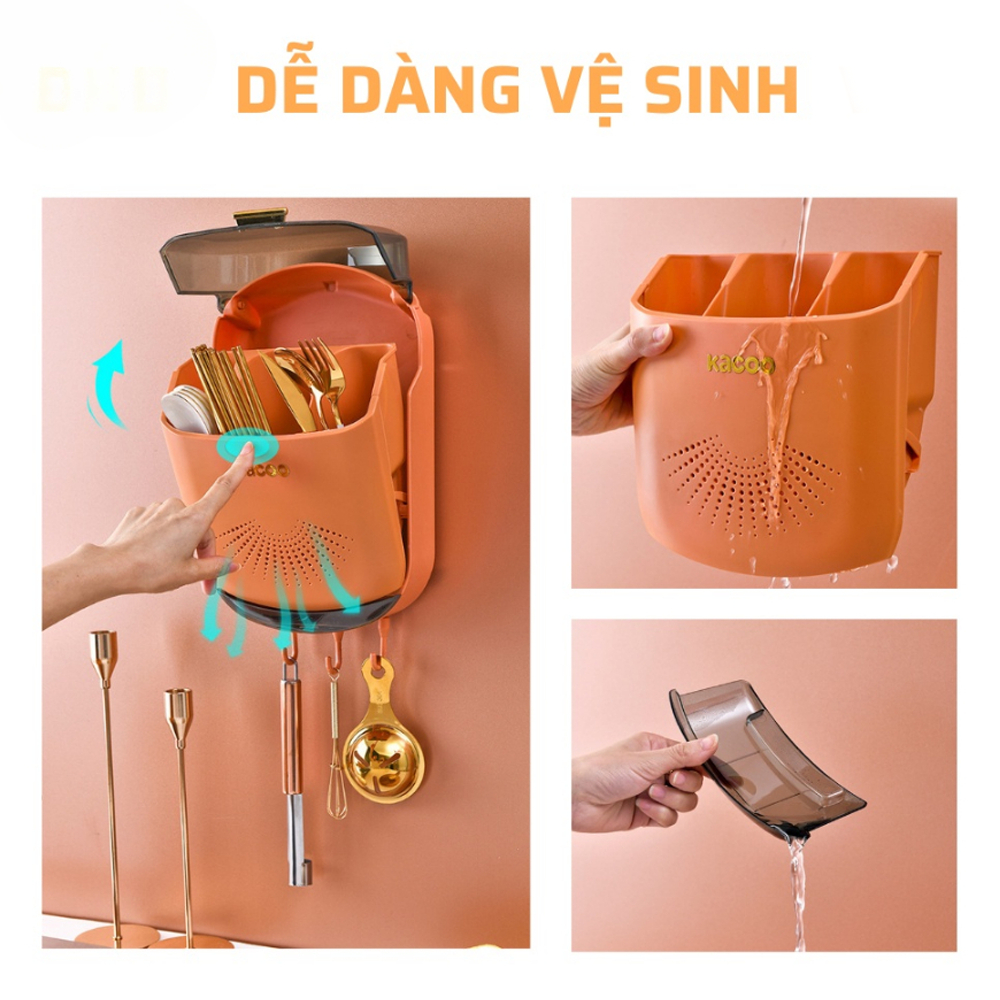 Hộp đựng đũa muỗng DORI có nắp đậy gắn tường, ống đựng đũa treo tường chống bụi tích hợp móc treo
