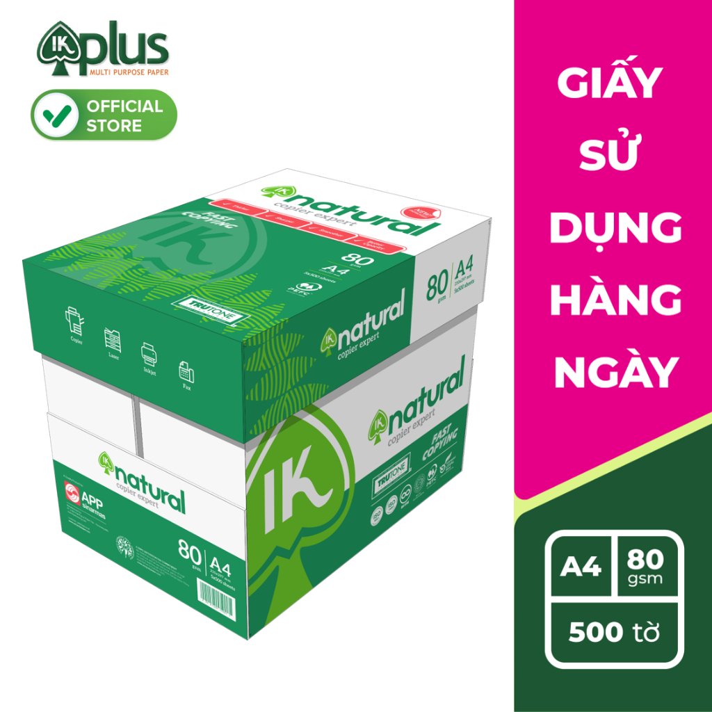 1 Ream giấy IK Natural A4 80gsm - Giấy photo, giấy in văn phong, giấy vẽ - Hàng chính hãng