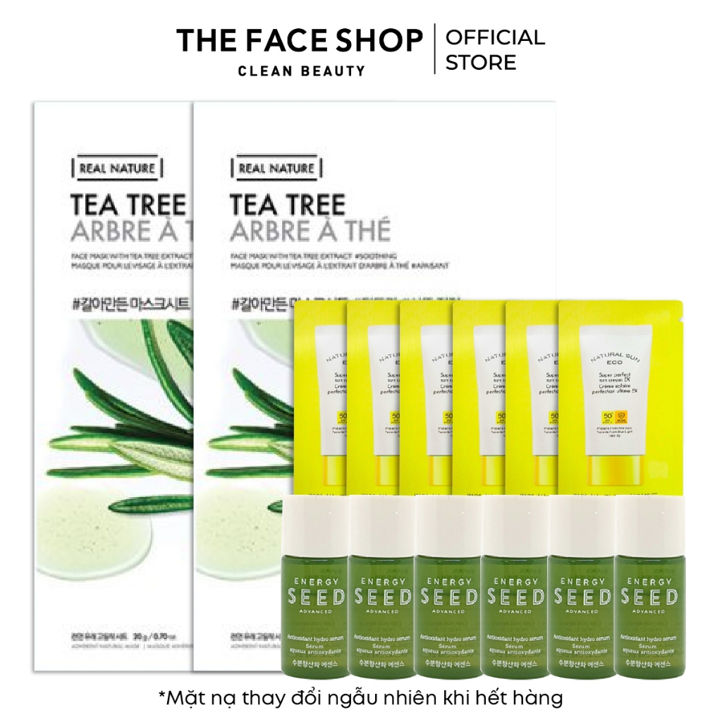 Combo Thanh Lọc Da THE FACE SHOP (2 mặt nạ tràm trà 20g, 6 tinh chất 5ml, 6 kem chống nắng 1.2ml)