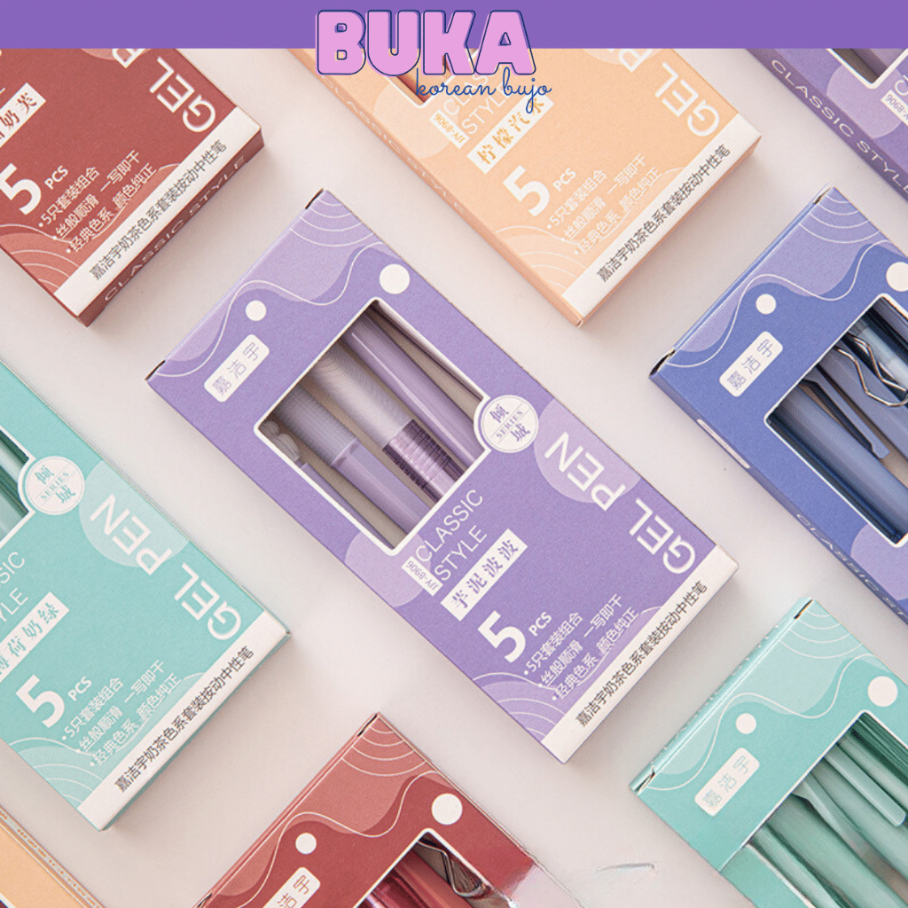 Hộp 5 Bút gel 0.5mm mực gel đen mix nhiều bút khác nhau Buka