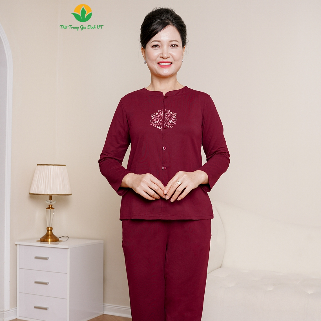 Đồ bộ thu đông trung niên cho mẹ và bà, đồ bà già dài tay chất cotton dệt kim cổ tàu thêu thời trang Việt Thắng B50.2305