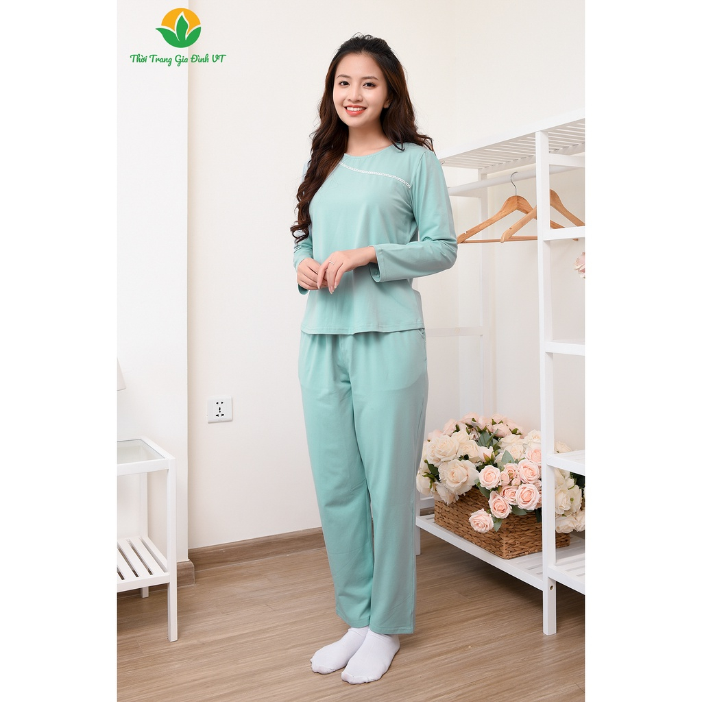 Bộ mặc nhà nữ thu đông Việt Thắng quần dài, áo dài tay trơn, chất liệu cotton - B50.2204