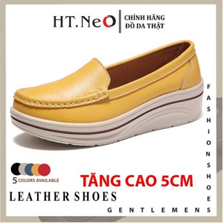 Giày lười nữ da bò thật tăng cao 5cm HT.NeO ,Giày nữ da trơn đế bằng tăng 5cm dáng thể thao êm mềm phong cách 4 màu 5058