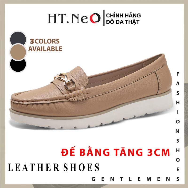 Giày nữ MOCA đế bằng 3CM da bò HT.NeO . Giày lười nữ mũi tròn quai da ngang đế kếp êm mềm phong cách thời trang 4 mùaF23