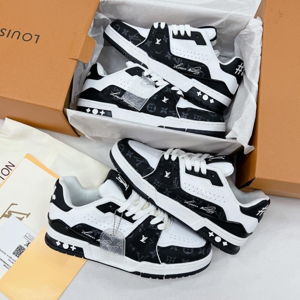 Giày thể thao LV Trainer 54 xanh than, đỏ, trắng, Giầy sneaker in họa tiết LV nam nữ siêu hót 2023 Tặng Box Bill