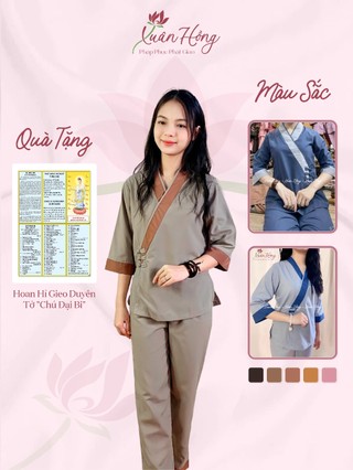 Bộ pháp phục đi chùa, đồ lam đi chùa cài chéo viền nổi 3 nút, vải kate nhật - pháp phục xuân hồng
