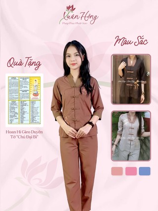 Bộ pháp phục đi chùa, bộ lam đi chùa la hán phối thêu sen cúc nổi thanh lịch- pháp phục xuân hồng