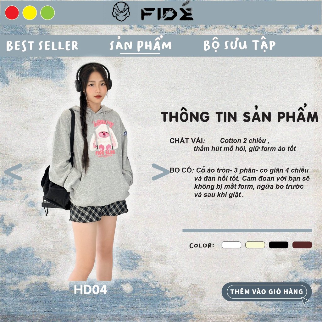 ÁO HOODIE FIDE LOOPY COTTON NAM NỮ - HD04