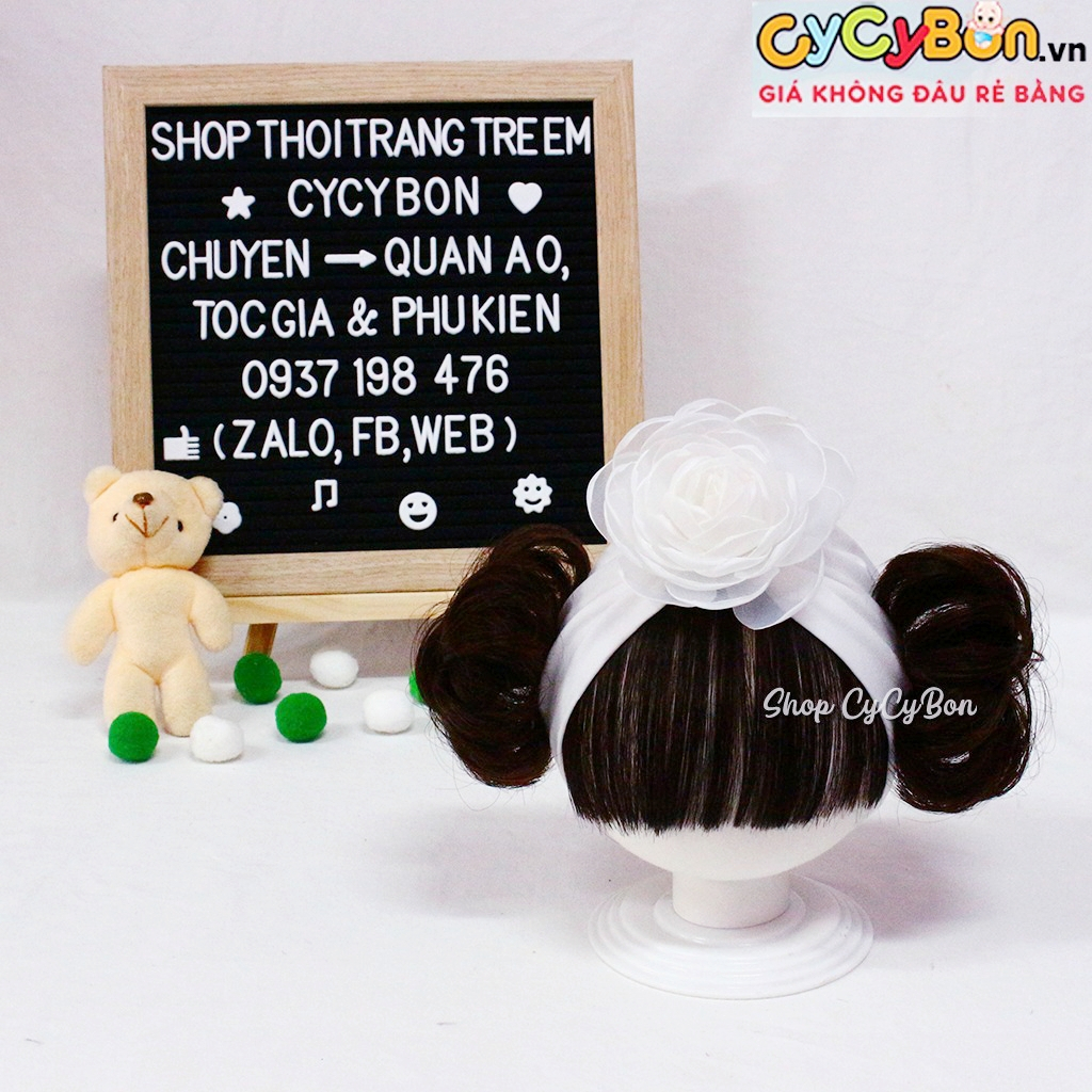Mũ / Nón Turban Tóc Giả Cho Bé Gái Màu Trắng Đính Bông Trắng Kèm Tóc Mái Ngang Và Búi 2 Bên