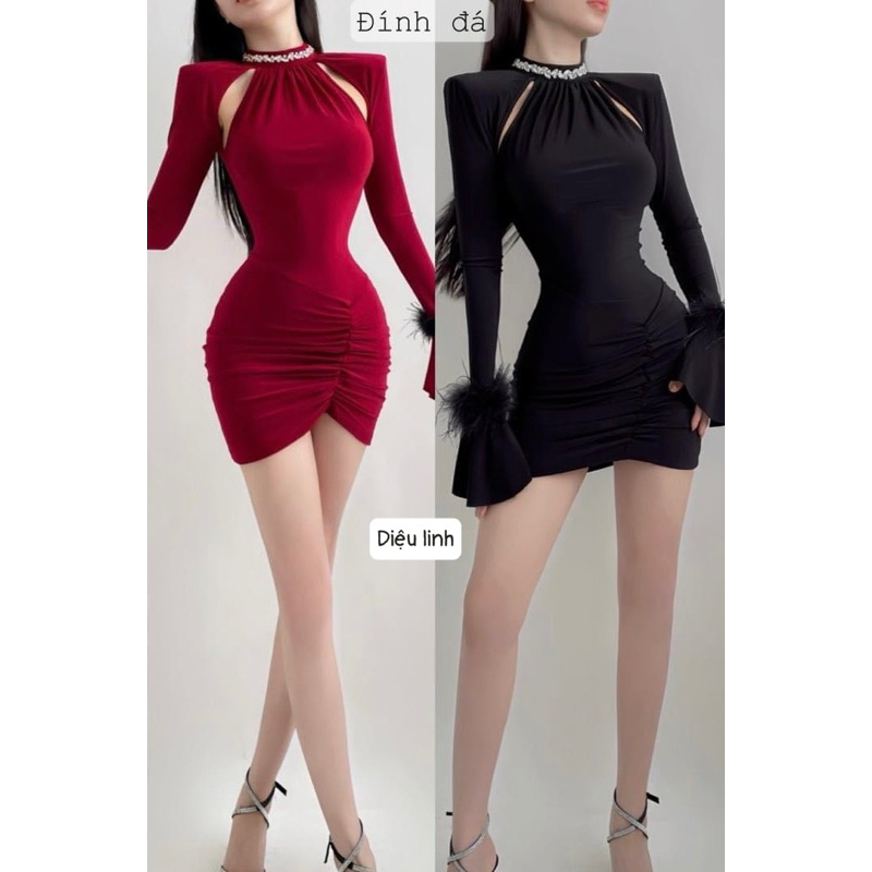 Đầm body đính đá tay loe phối lông sang chảnh