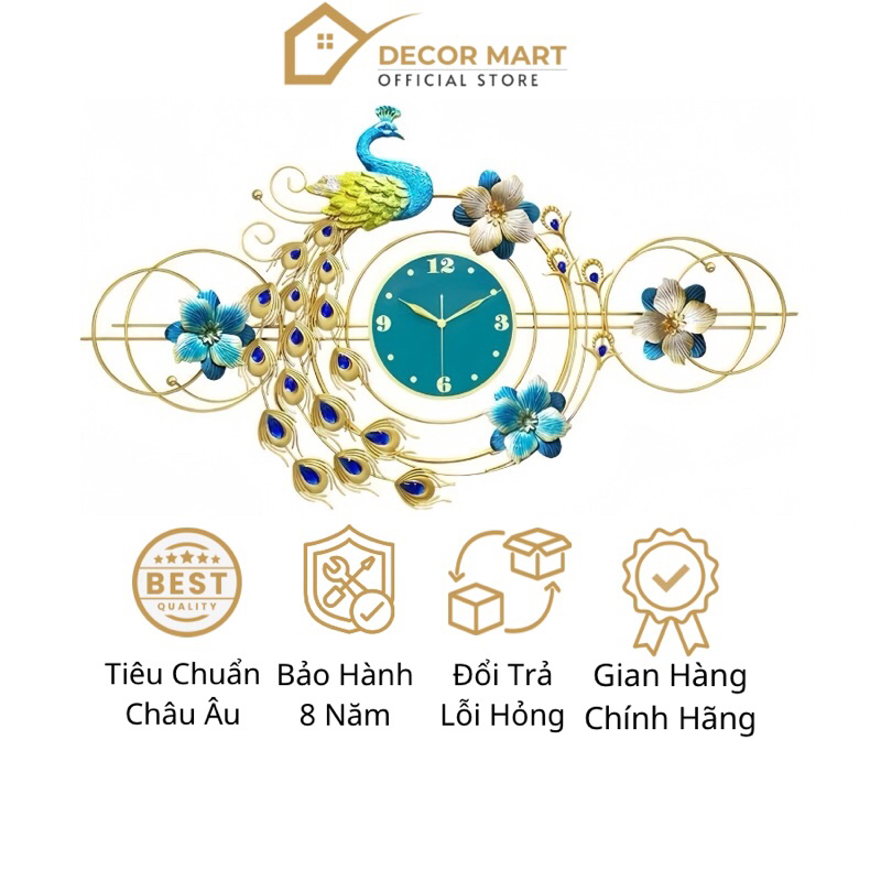 Đồng Hồ Treo Tường Trang Trí Nhà Cửa Con Chim Công Khổng Tước Nghệ Thuật Kim Trôi Cao Cấp DECOR MART