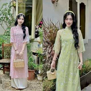 Áo dài cách tân nữ dáng suông tơ thêu hoa tk89