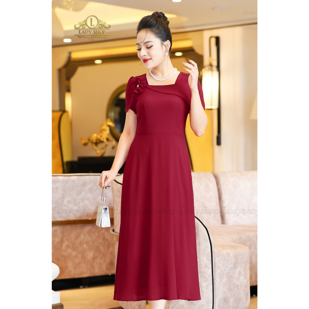 Đầm tằm ý cổ u kết hoa Ladyshop thời trang trung niên cao cấp T249