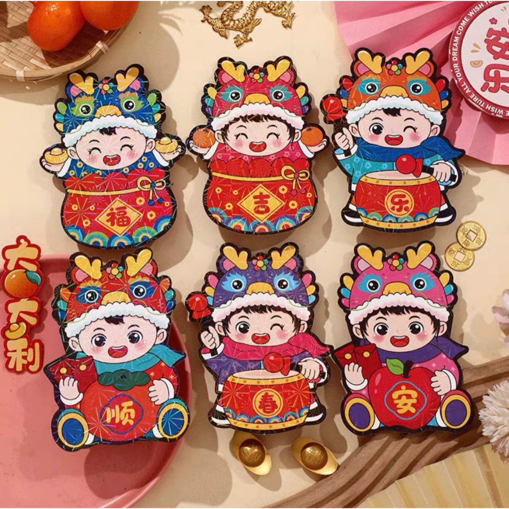 Combo 6 bao lì xì Bao Lì Xì Đỏ May Mắn , Lì xì Họa Tiết Rồng Năm Mới 2024 chibi siêu cute Phong cách Trung Hoa
