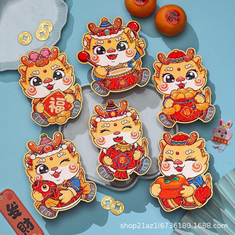 Combo 6 bao lì xì Bao Lì Xì Đỏ May Mắn , Lì xì Họa Tiết Rồng Năm Mới 2024 chibi siêu cute Phong cách Trung Hoa